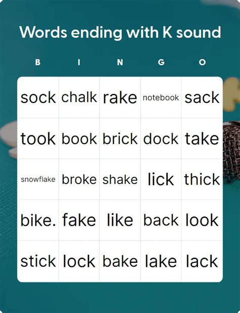 Words Ending With K Sound Bingo Card Creator