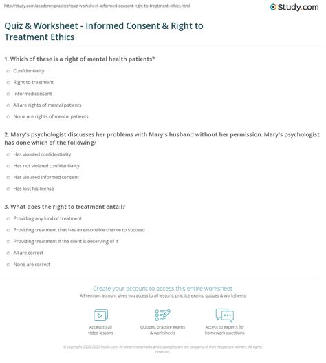 Quiz & Worksheet - Informed Consent & Right to Treatment Ethics | Study.com