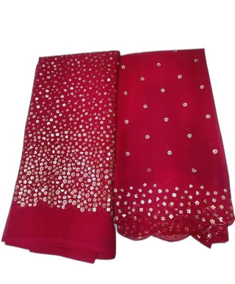 48inch Red Embroidered Sequence Georgette Fabric For Ladies Clothing