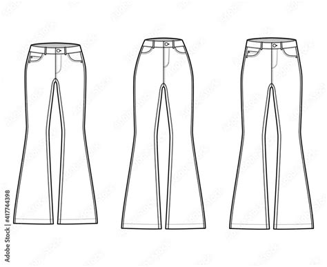 Set Of Jeans Flared Bottom Denim Pants Technical Fashion Illustration With Full Length Normal