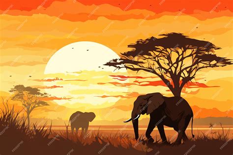 Premium Vector | A painting of a sunset with an elephant and a baby ...