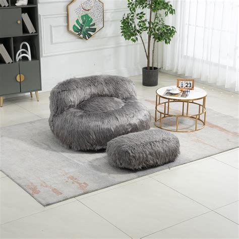 Giant Bean Bag Chair With Footstool Fluffy Faux Fur Beanbag Lazy Sofa