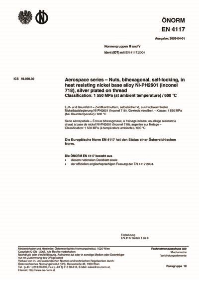 ONORM EN 4117:2005 - Aerospace series - Nuts, bihexagonal, self-locking ...
