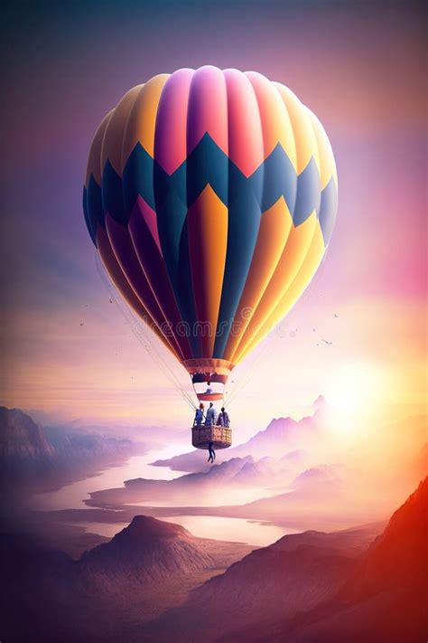 Hot Air Balloon Flying High Among Epic Sunset Sky Clouds Stock Illustration Illustration Of