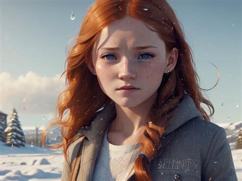 Premium AI Image | A girl with red hair and blue eyes stands in the snow.