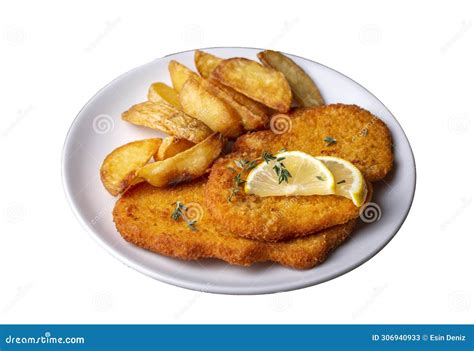 Chicken Schnitzel With Sauce Fried Potatoes And Lemon In A Plate Stock Image Image Of Fried