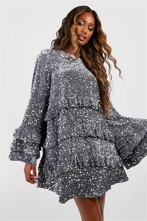 Sequin Ruffle Detail Smock Dress Boohoo Uk