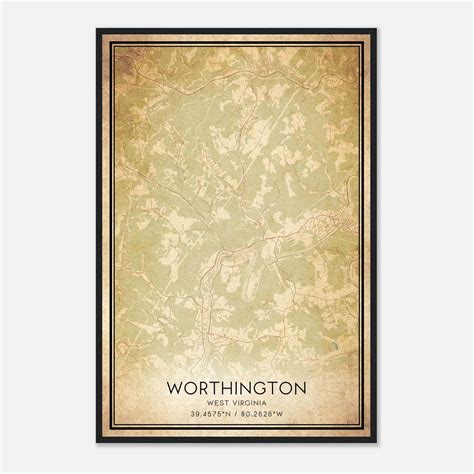 Vintage Worthington West Virginia Map Poster, Worthington WV City Road