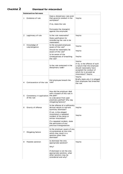 Checklist Dismissal For Misconduct Checklist Dismissal For