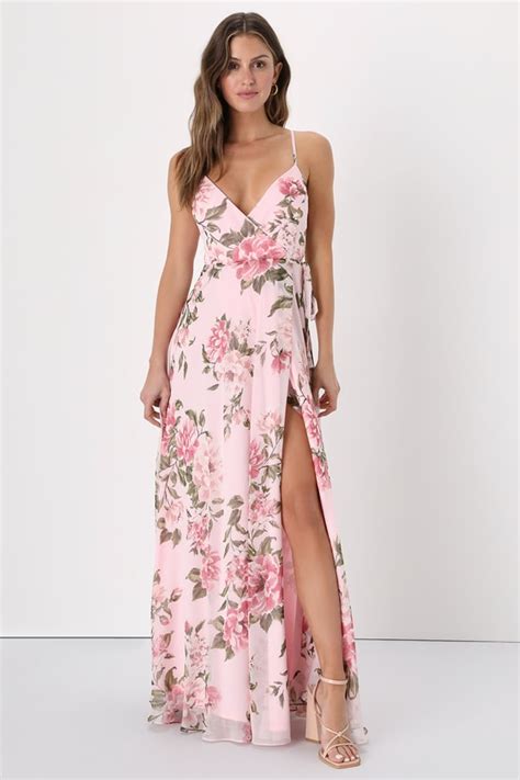 Pink Floral Print Maxi Chiffon Wrap Dress Floral Wrap Maxi Lulus