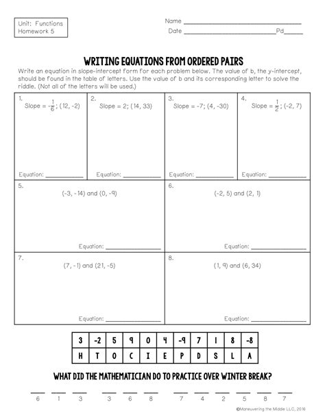 Unit Lesson Homework Writing Equations From Ordered Pairs Josh