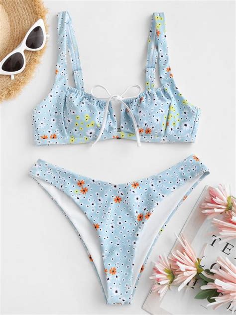 Off Zaful Ditsy Floral Print Tie Bikini Swimwear In Light