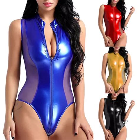 WOMEN SEXY PU Leather Lingerie Crotchless Bodysuit Wet Look Nightwear