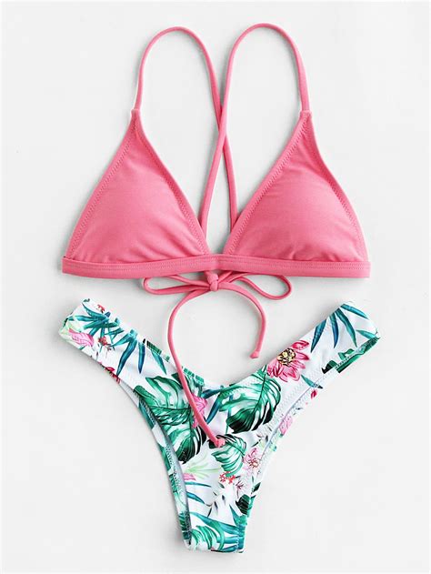 Tropical Print High Leg Self Tie Bikini Set SheIn Sheinside Bikinis