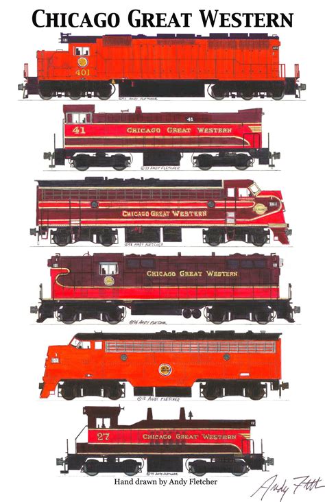 6 Hand Drawn Chicago Great Western Locomotive Drawings By Andy Fletcher