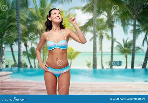 Happy Woman In Bikini Pointing Finger Up On Beach Stock Image Image