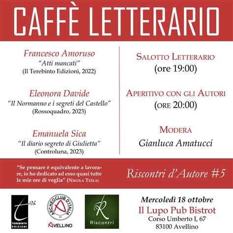 Ritorna il caffè letterario promosso da Terebinto con Amoruso Davide e