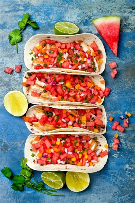 Mexican Grilled Chicken Tacos With Watermelon Salsa Stock Photo