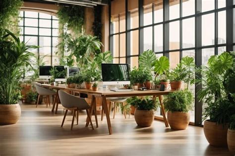 Premium AI Image Eco Style Sunlit Open Space Office With Big