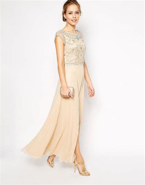 Frock And Frill Embellished Top Maxi Dress With Thigh Split At