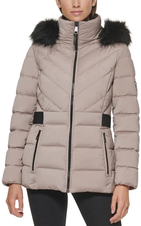 Dkny Belted Faux Fur Trim Hooded Puffer Coat Tradingbasis