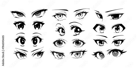 Japenese Anime Eye Close Up Set On Isolated Background Black And White