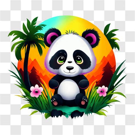 Baixe Urso Panda De Desenho Animado Sentado Na Grama Flores E