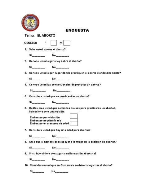 Modelo Encuestas ENCUESTA Tema EL ABORTO GENERO F M 1 Sabe Usted