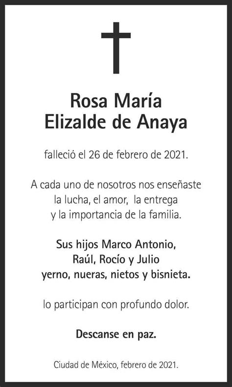 Señora Rosa María Elizalde De Anaya Obituario Esquela