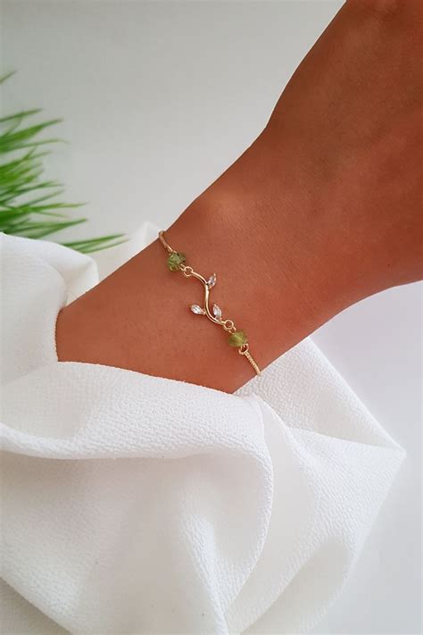 Raw Peridot Bracelet August Birthstone Jewelry Peridot Crystal