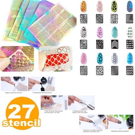 Set 27 Stencil Stampino Disegni Unghie Adesivi Nail Art Manicure