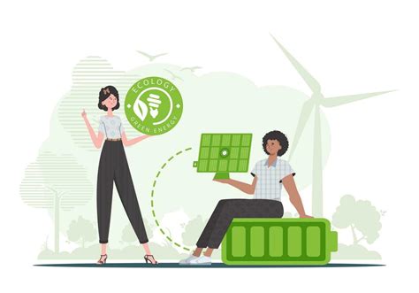 Woman And Man And Solar Panel Green Energy Concept Vector