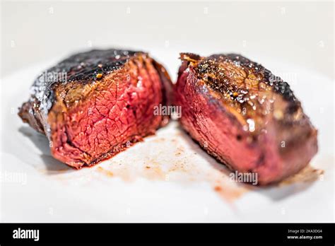 Macro Closeup Of Cooked Rare Blue Red Raw Petite Sirloin Steak Cut