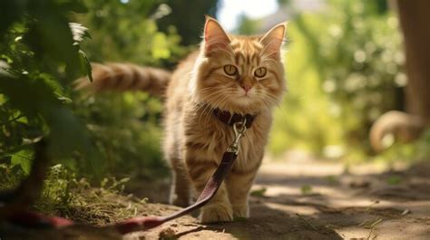 Premium Photo | A photo of a cat walking on a leash outdoors