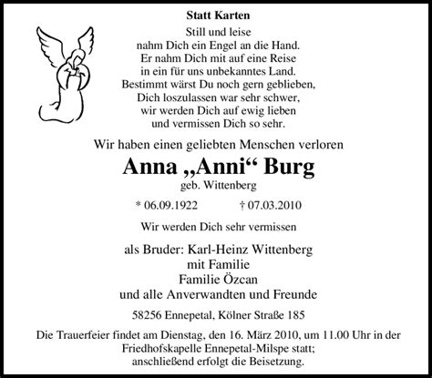 Traueranzeigen Von Anna Burg Trauer In NRW De