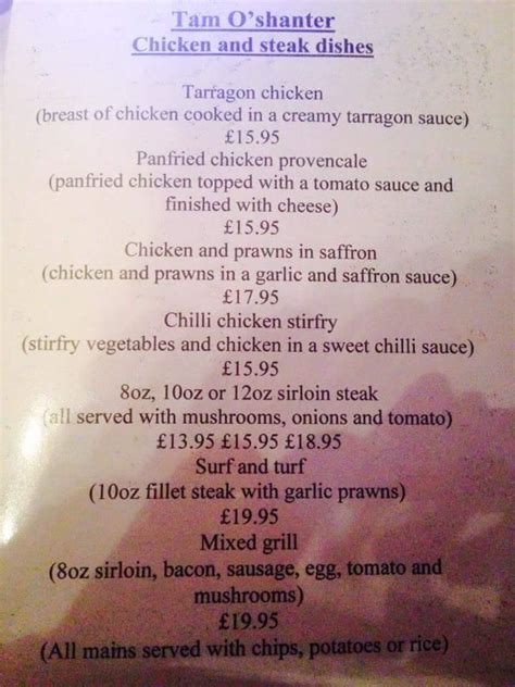 Menu at Tam O Shanter restaurant, Kilkeel