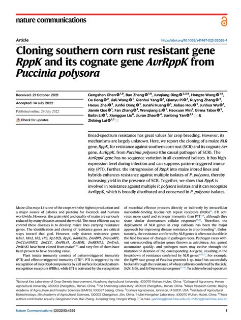 PDF Cloning Southern Corn Rust Resistant Gene RppK And Its Cognate