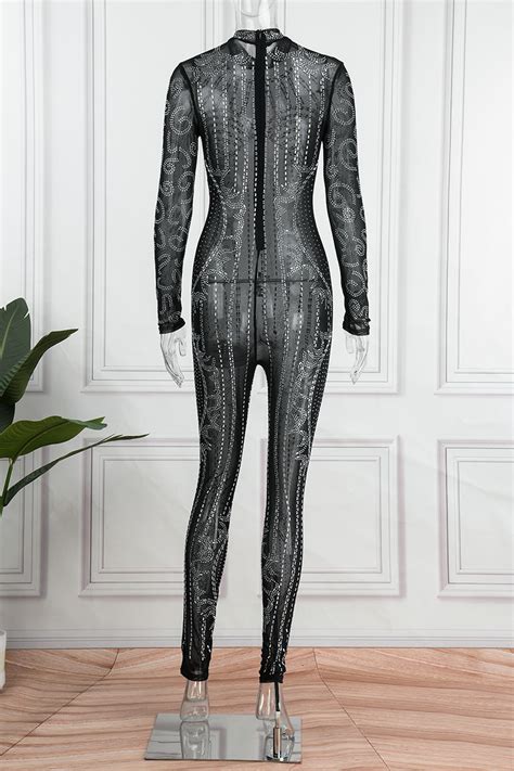 Wholesale Brown Sexy Patchwork Hot Drilling See Through Half A Turtleneck Skinny Jumpsuits