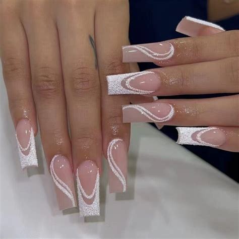 French Weiß Glitzer Falsche Nägel Ballerina Press On Nägel für Nail Art