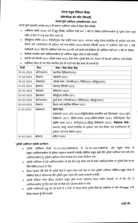 Pseb 5th Date Sheet 2023 Revised Download Punjab Class 5 Exam Date Pdf