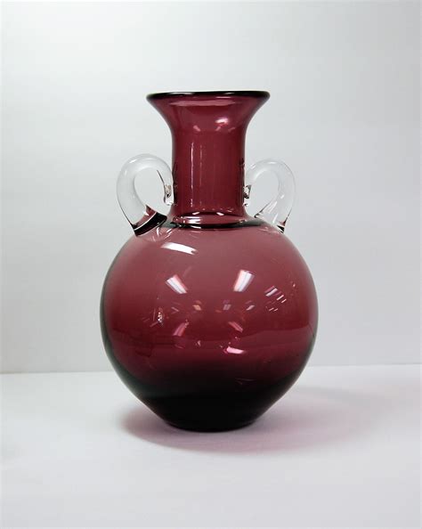 Blenko Glass 9622 Vase Amethyst With Crystal Handles