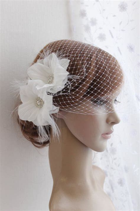 White Wedding Fascinator Birdcage Veil Bridal Ivory Flower Etsy Blusher Veil Flower