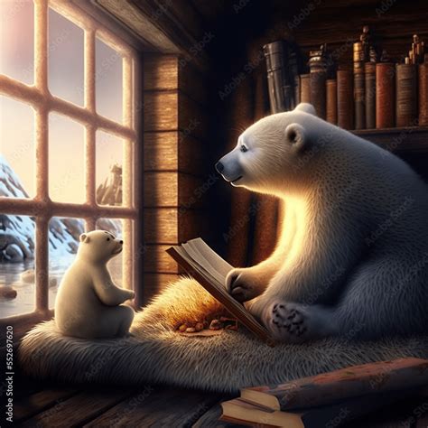 Polar bear reading book to his soon in tiny house with fireplace [AI generated] Stock ...