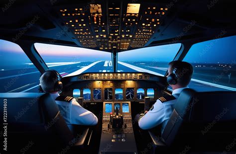 Flight Deck Of Modern Plane The Pilots Cockpit Crew Of Aircraft