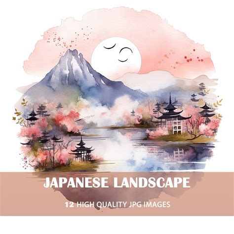 Japanese Landscape Clipart, Watercolor Art, Digital Download, Mixed ...