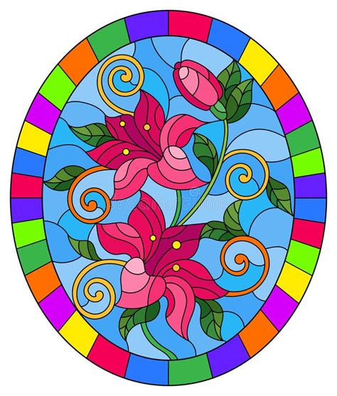 Stained Glass Illustration With Flowers And Leaves Of Lilies On A Blue Background Oval Image In