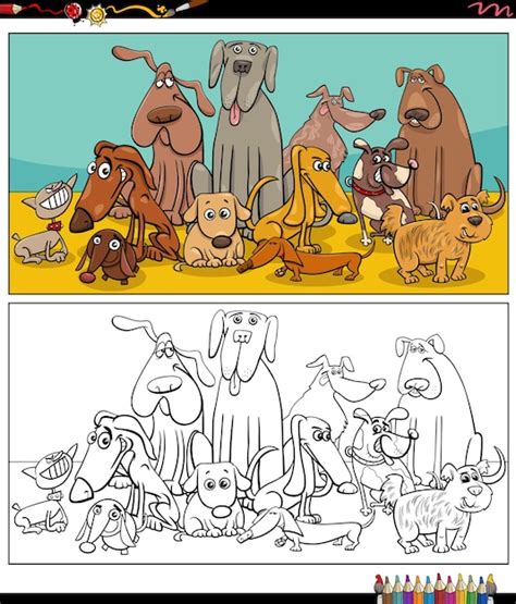 Dessin Animé Chiens Animaux Personnages Groupe Livre De Coloriage Page