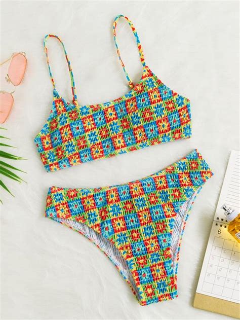 Shein Swim Mod Floral Print Bikini Set Smocked Cami Top Hipster