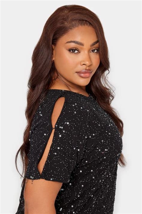 Plus Size LUXE Curve Black Sequin Hand Embellished Cold Shoulder Cape