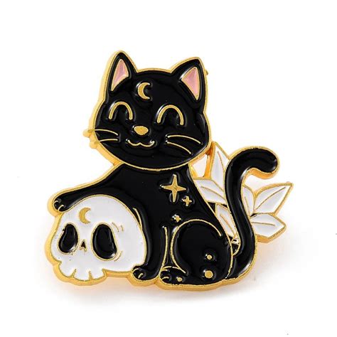 28mm Enamel Cat And Skull Pin Badge Gold Plated 1pc Beads And